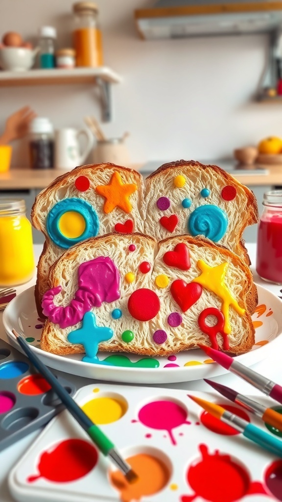 Colorful toast with artistic designs made from edible paints on a kitchen counter.